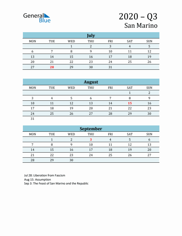 Three-Month Planner for Q3 2020 with Holidays - San Marino