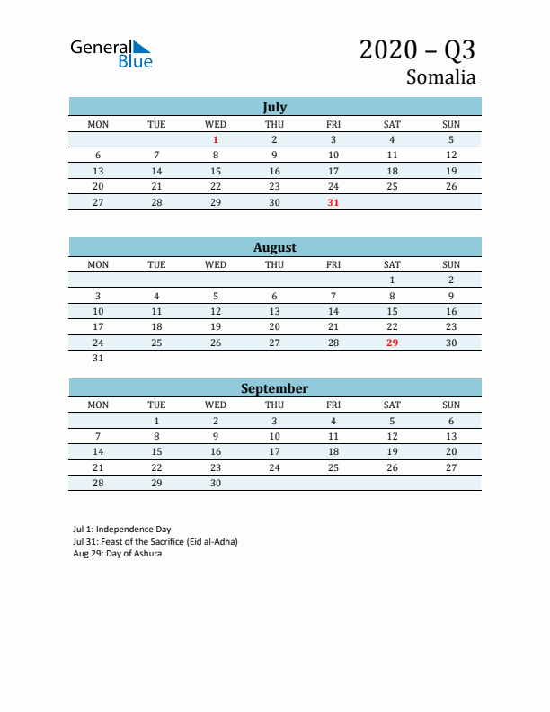 Three-Month Planner for Q3 2020 with Holidays - Somalia