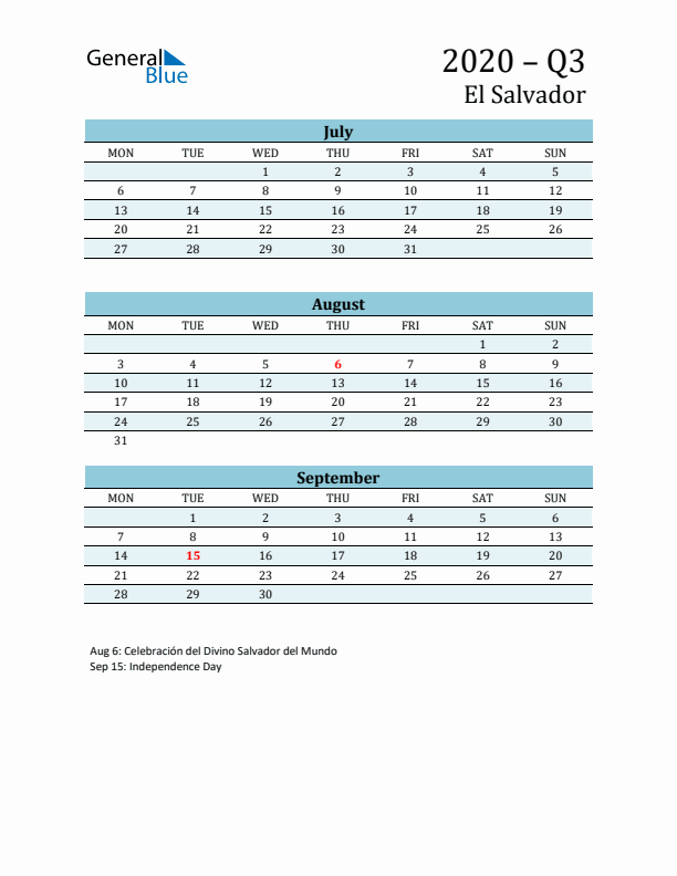 Three-Month Planner for Q3 2020 with Holidays - El Salvador