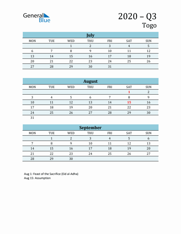 Three-Month Planner for Q3 2020 with Holidays - Togo