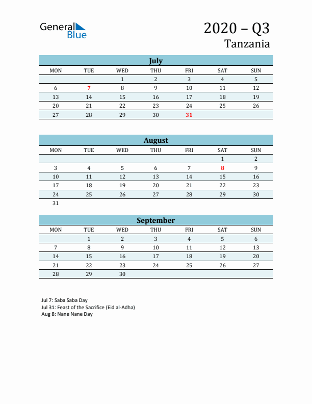 Three-Month Planner for Q3 2020 with Holidays - Tanzania