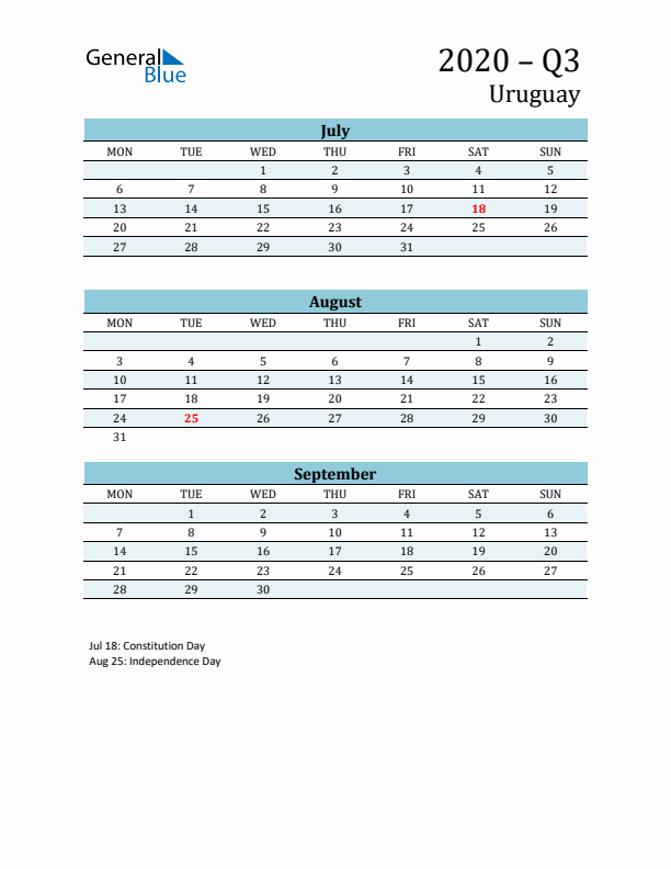 Three-Month Planner for Q3 2020 with Holidays - Uruguay