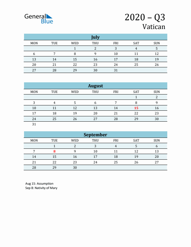 Three-Month Planner for Q3 2020 with Holidays - Vatican