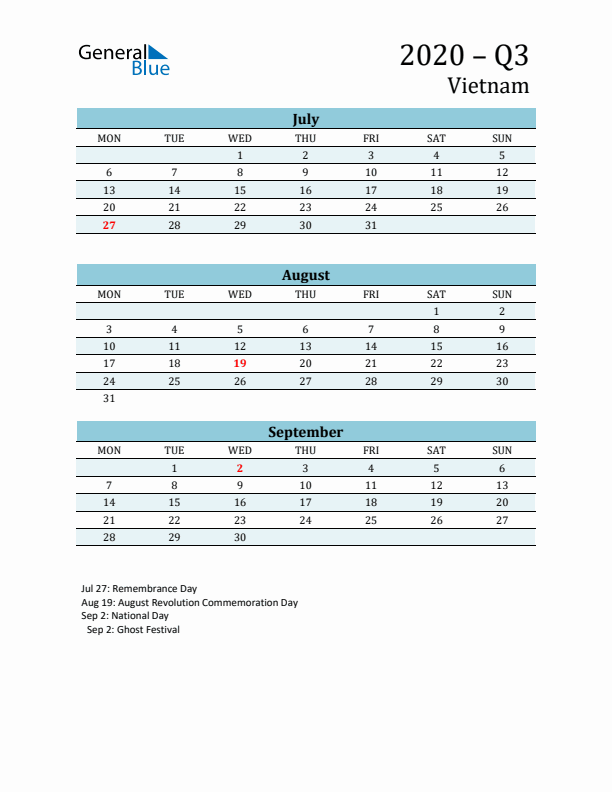 Three-Month Planner for Q3 2020 with Holidays - Vietnam
