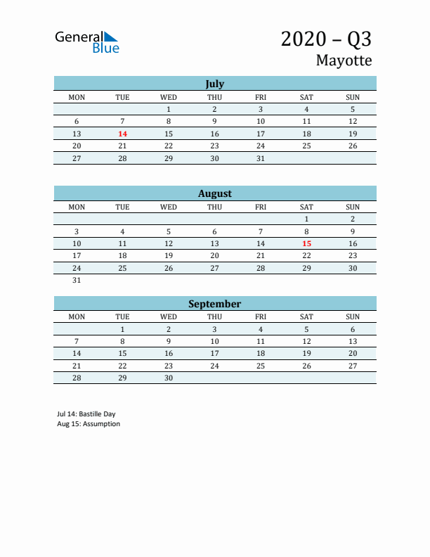 Three-Month Planner for Q3 2020 with Holidays - Mayotte