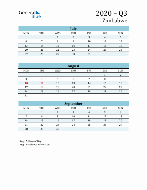 Three-Month Planner for Q3 2020 with Holidays - Zimbabwe