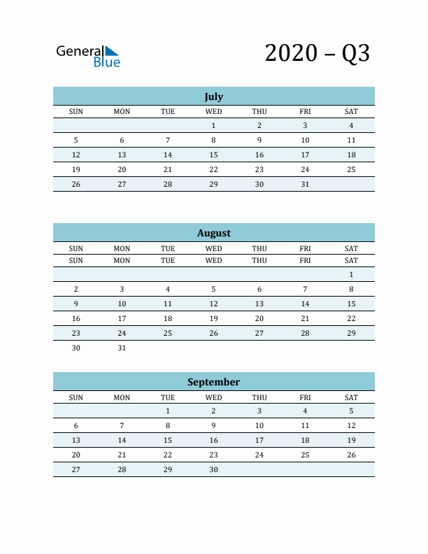July, August, and September 2020 Calendar