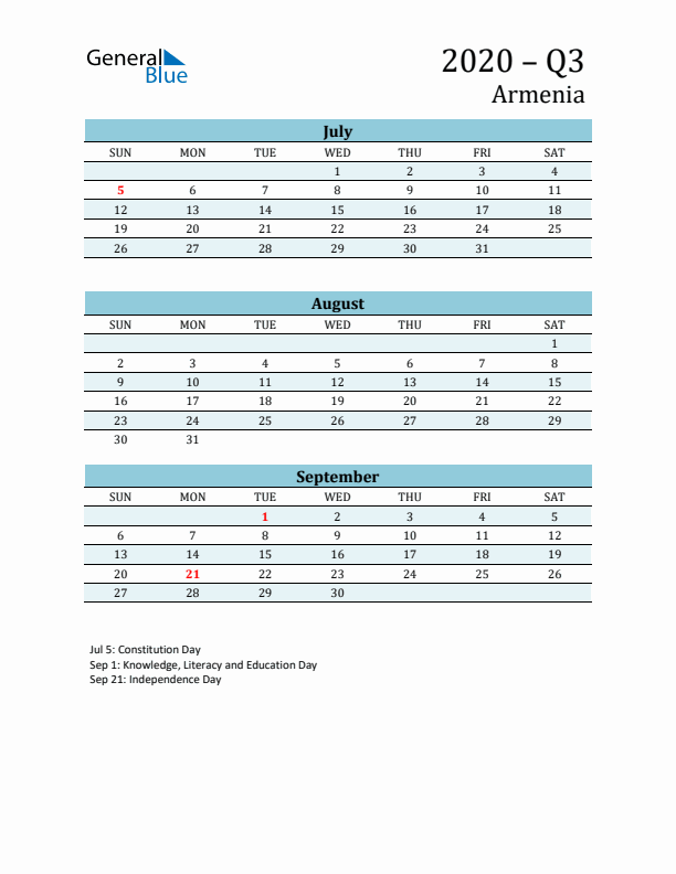 Three-Month Planner for Q3 2020 with Holidays - Armenia