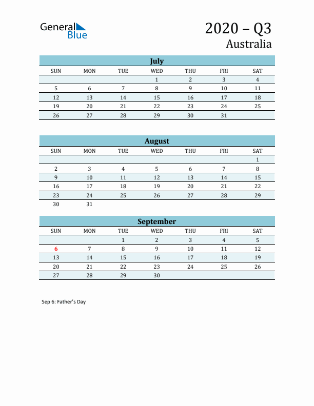 Three-Month Planner for Q3 2020 with Holidays - Australia