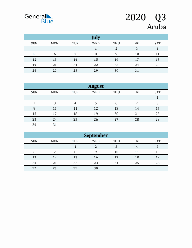 Three-Month Planner for Q3 2020 with Holidays - Aruba