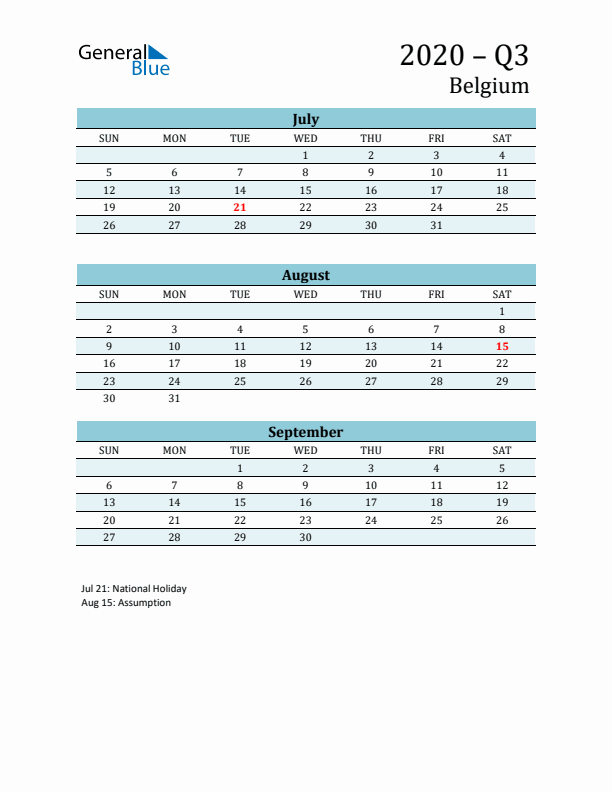 Three-Month Planner for Q3 2020 with Holidays - Belgium