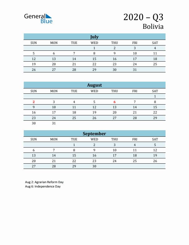 Three-Month Planner for Q3 2020 with Holidays - Bolivia