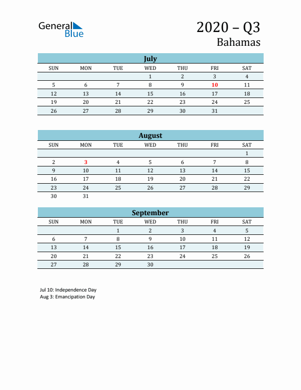 Three-Month Planner for Q3 2020 with Holidays - Bahamas
