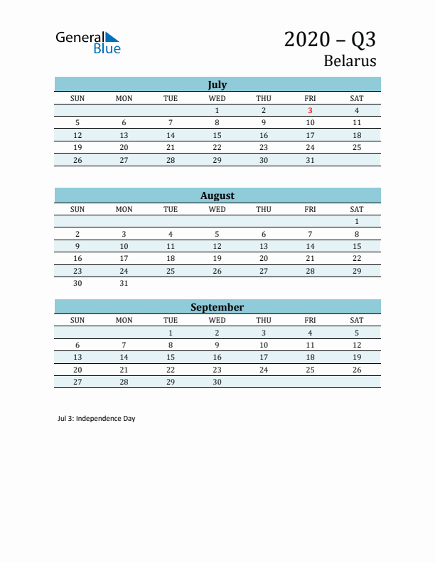 Three-Month Planner for Q3 2020 with Holidays - Belarus