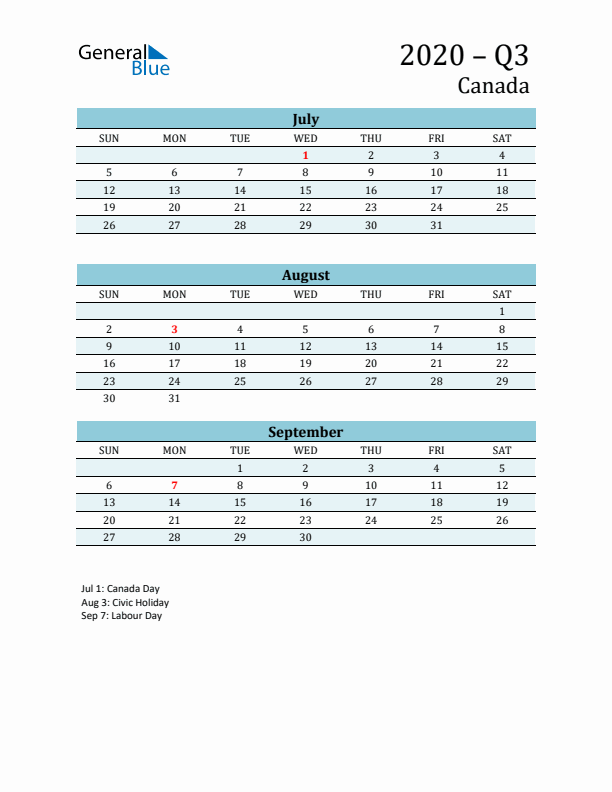 Three-Month Planner for Q3 2020 with Holidays - Canada