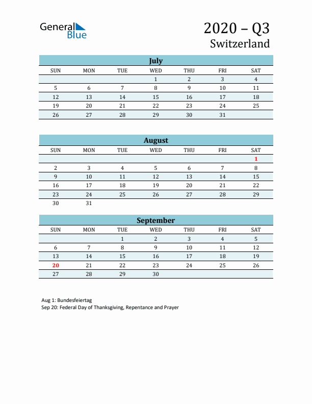 Three-Month Planner for Q3 2020 with Holidays - Switzerland