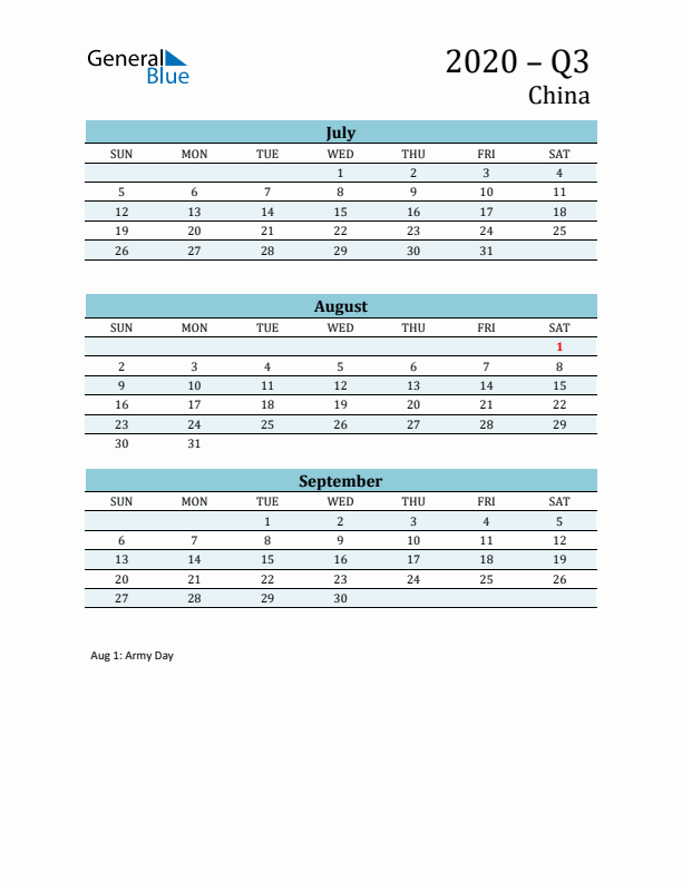 Three-Month Planner for Q3 2020 with Holidays - China