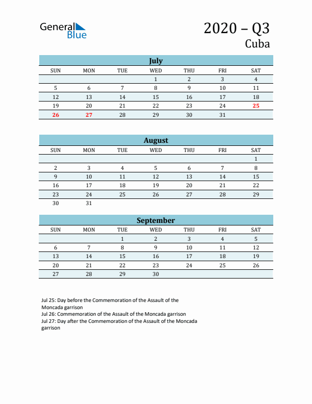 Three-Month Planner for Q3 2020 with Holidays - Cuba