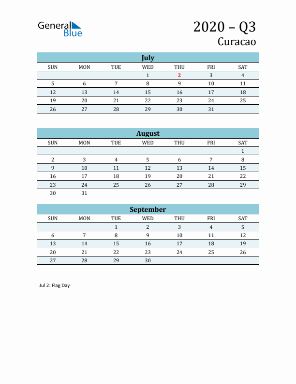 Three-Month Planner for Q3 2020 with Holidays - Curacao