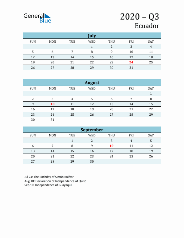 Three-Month Planner for Q3 2020 with Holidays - Ecuador