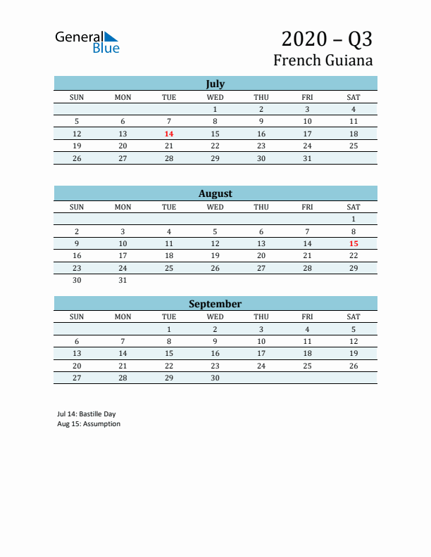 Three-Month Planner for Q3 2020 with Holidays - French Guiana
