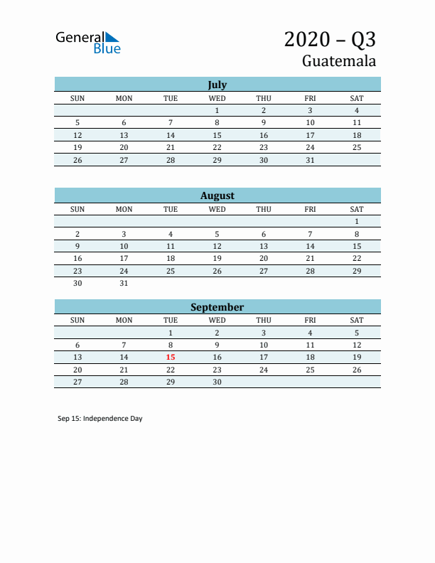 Three-Month Planner for Q3 2020 with Holidays - Guatemala