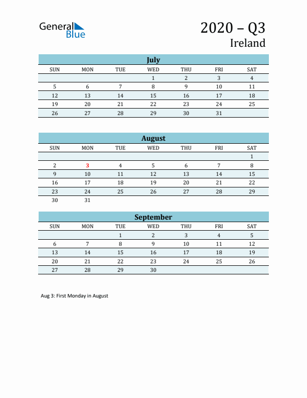 Three-Month Planner for Q3 2020 with Holidays - Ireland
