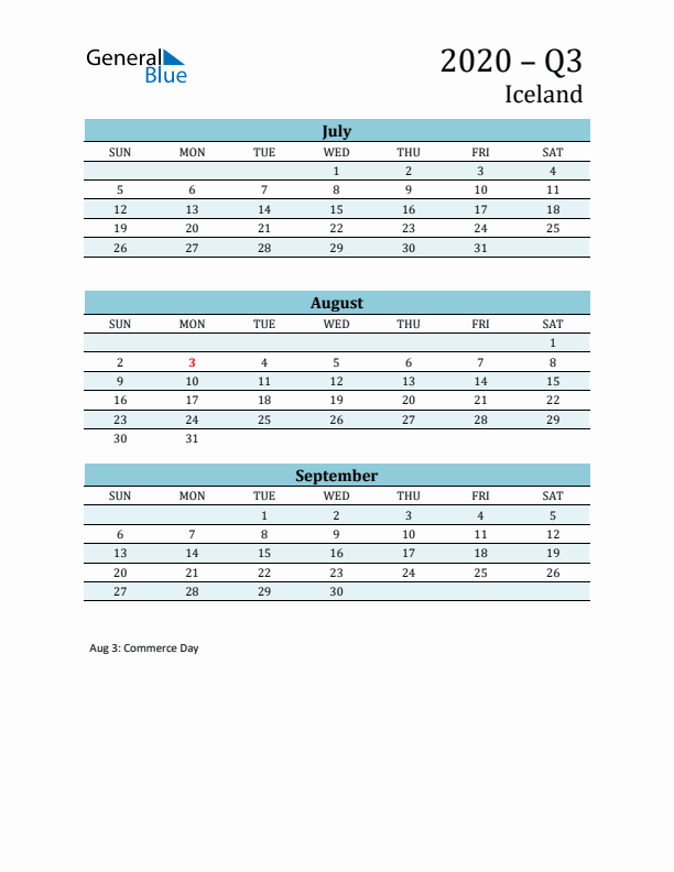 Three-Month Planner for Q3 2020 with Holidays - Iceland