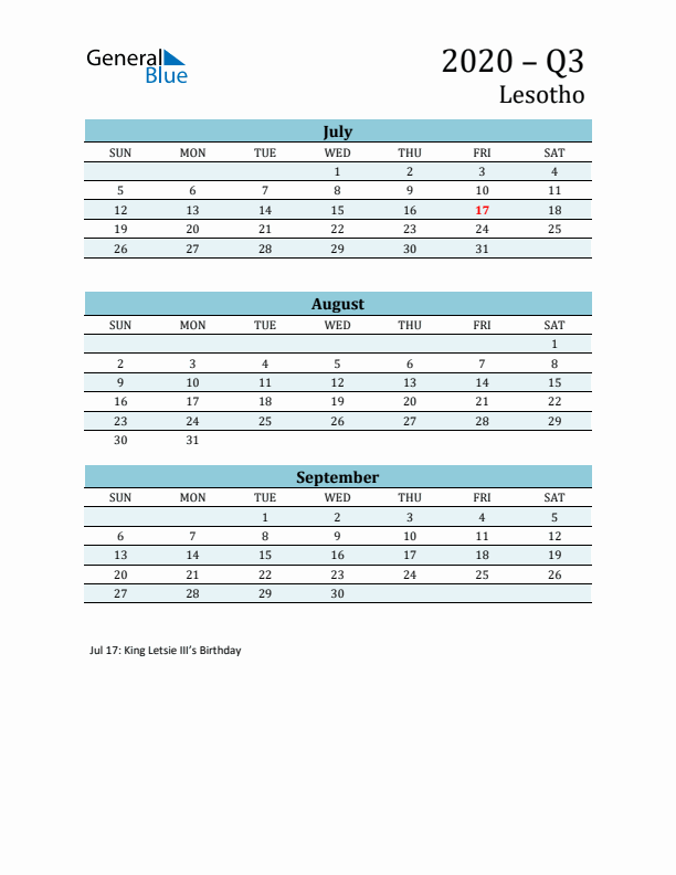 Three-Month Planner for Q3 2020 with Holidays - Lesotho