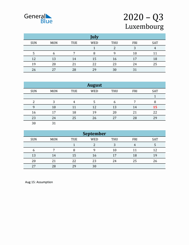 Three-Month Planner for Q3 2020 with Holidays - Luxembourg