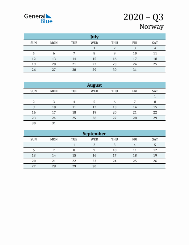 Three-Month Planner for Q3 2020 with Holidays - Norway