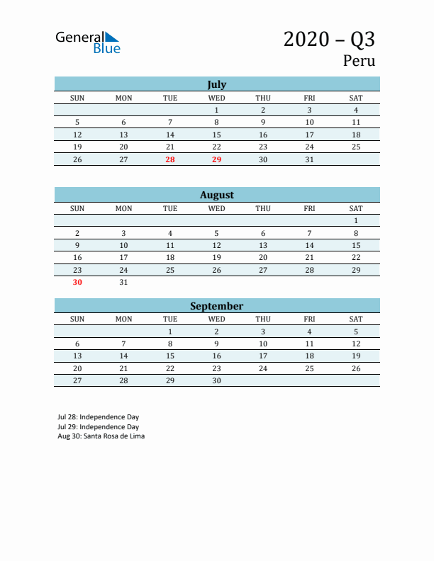 Three-Month Planner for Q3 2020 with Holidays - Peru