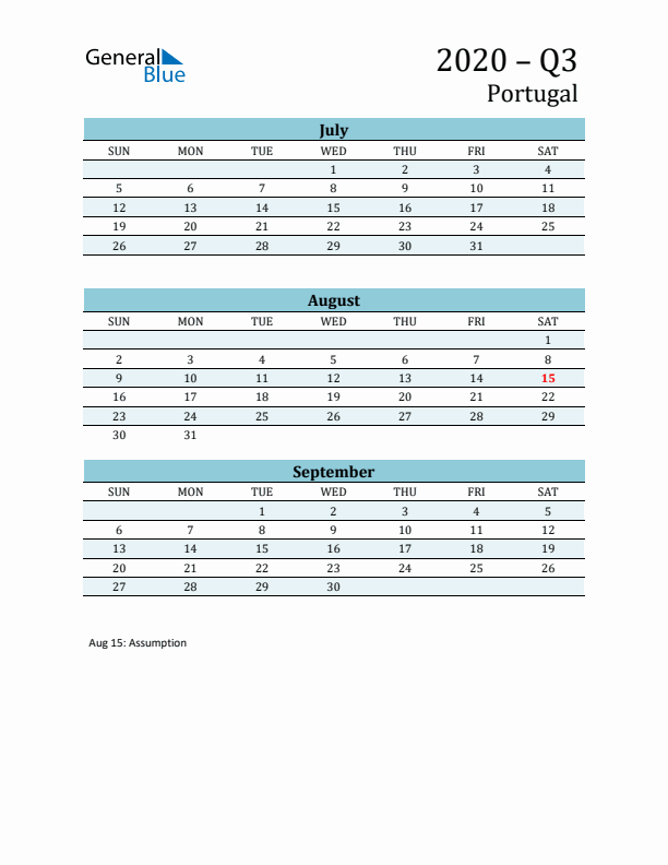 Three-Month Planner for Q3 2020 with Holidays - Portugal