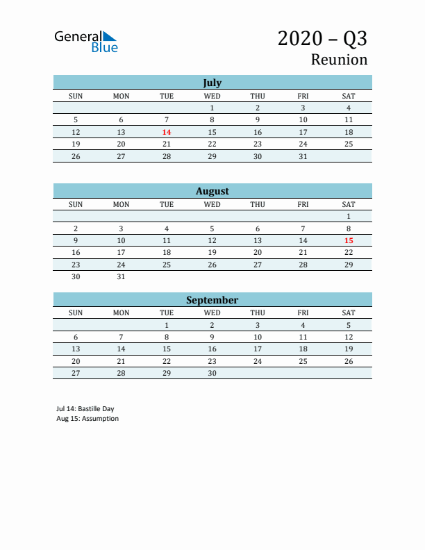 Three-Month Planner for Q3 2020 with Holidays - Reunion