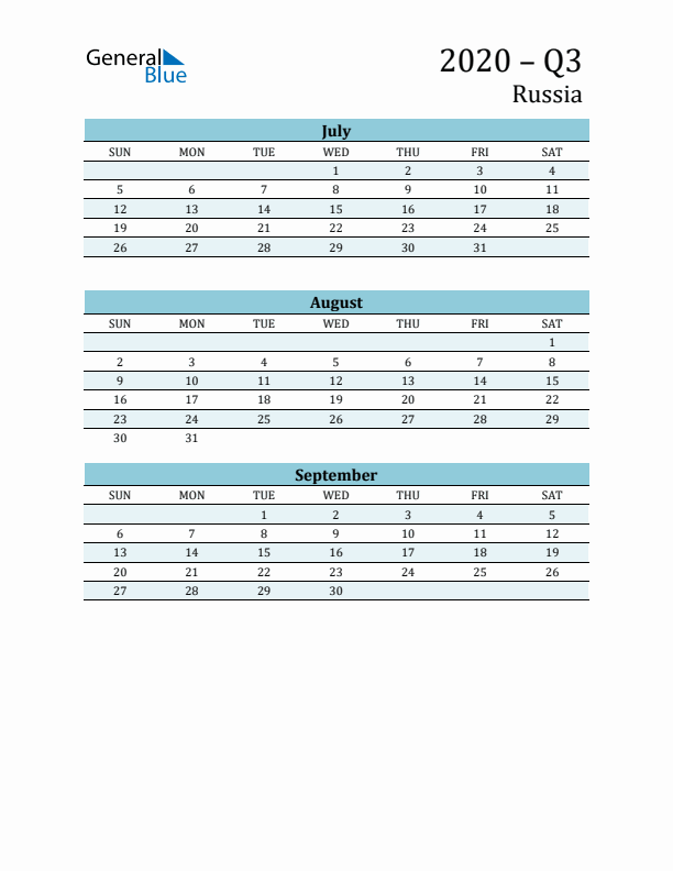 Three-Month Planner for Q3 2020 with Holidays - Russia