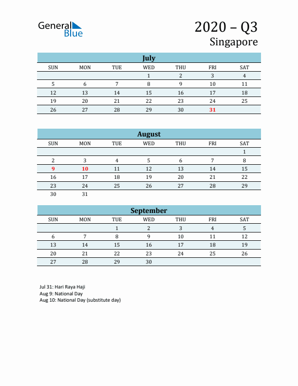 Three-Month Planner for Q3 2020 with Holidays - Singapore