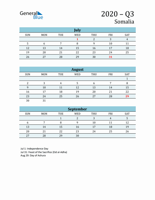 Three-Month Planner for Q3 2020 with Holidays - Somalia