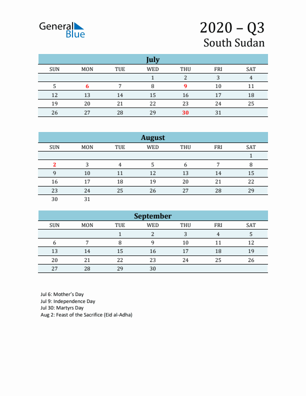 Three-Month Planner for Q3 2020 with Holidays - South Sudan