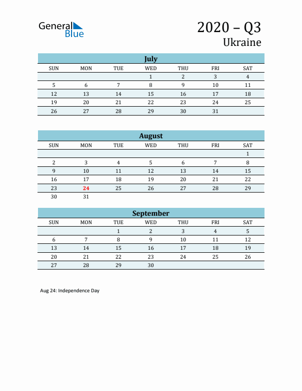Three-Month Planner for Q3 2020 with Holidays - Ukraine