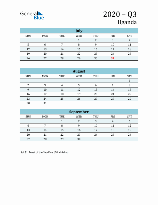 Three-Month Planner for Q3 2020 with Holidays - Uganda