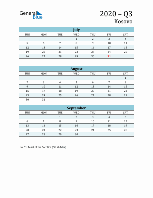 Three-Month Planner for Q3 2020 with Holidays - Kosovo