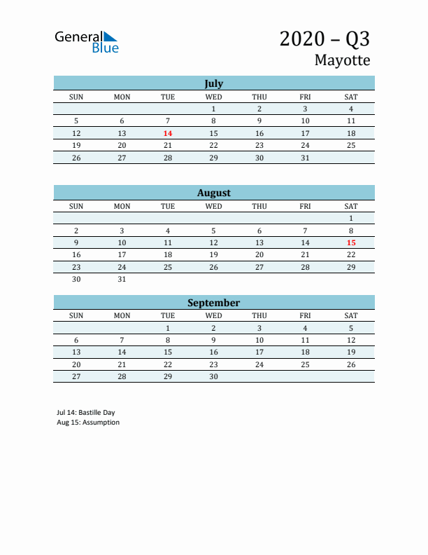 Three-Month Planner for Q3 2020 with Holidays - Mayotte