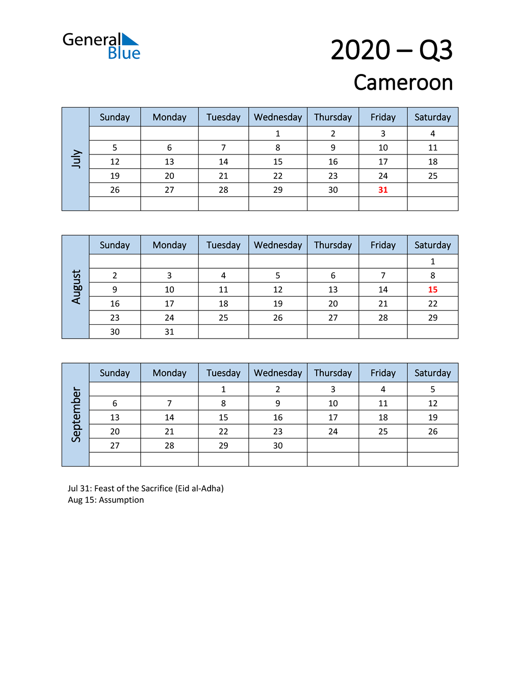  Free Q3 2020 Calendar for Cameroon