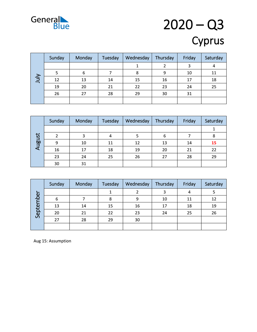 Free Q3 2020 Calendar for Cyprus