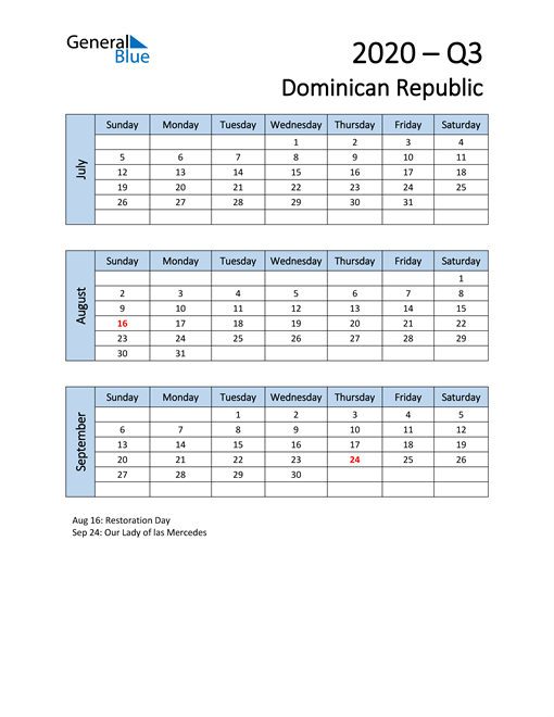  Free Q3 2020 Calendar for Dominican Republic