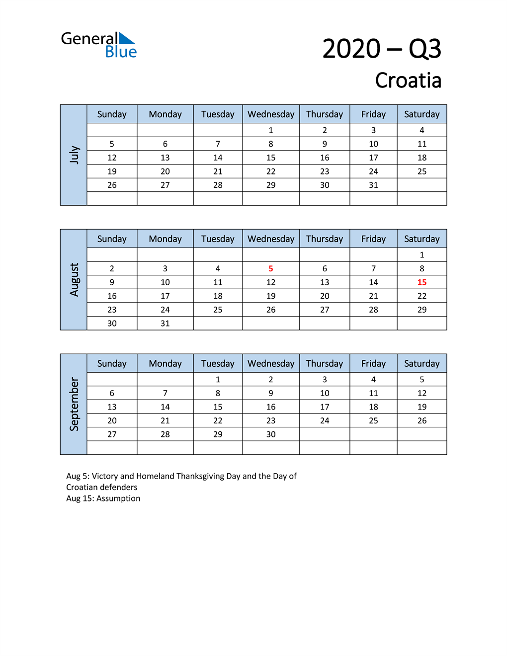  Free Q3 2020 Calendar for Croatia