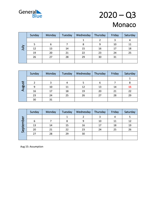  Free Q3 2020 Calendar for Monaco