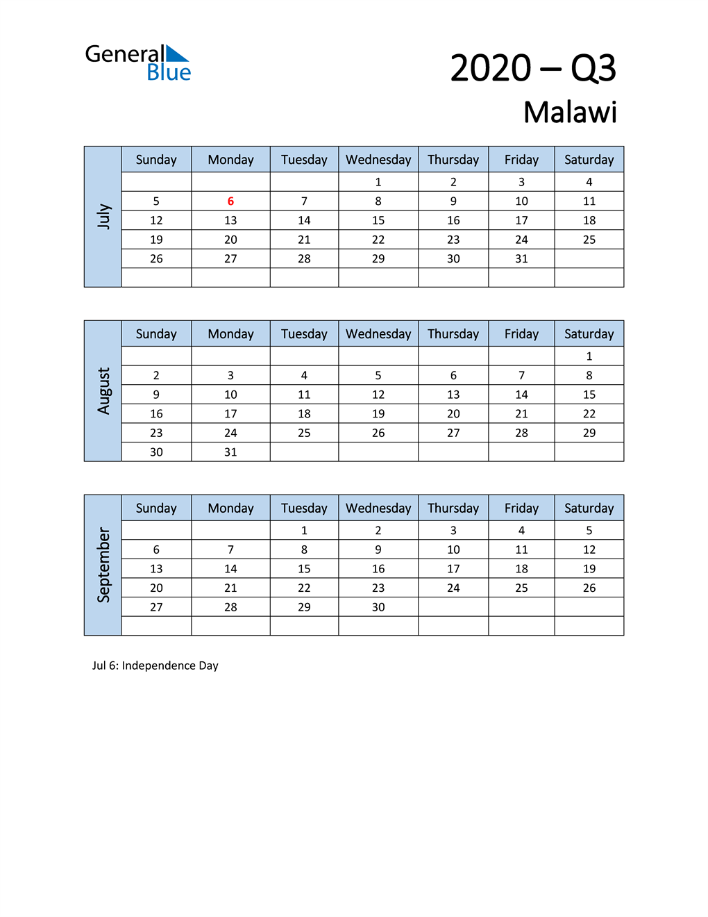  Free Q3 2020 Calendar for Malawi