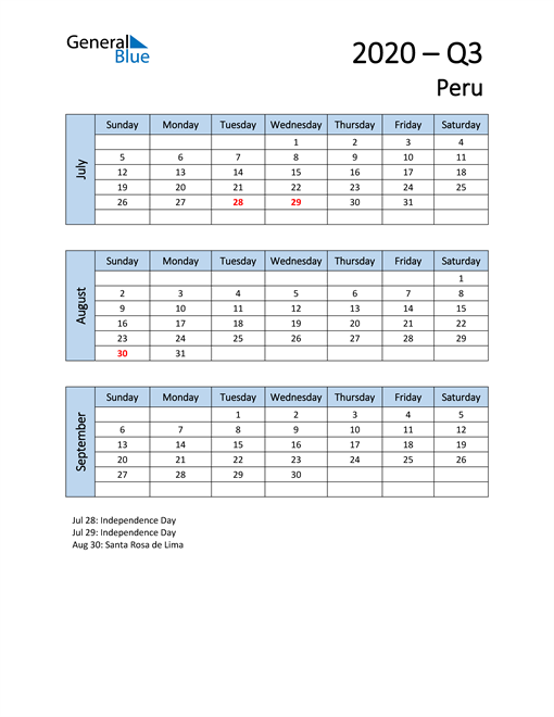  Free Q3 2020 Calendar for Peru