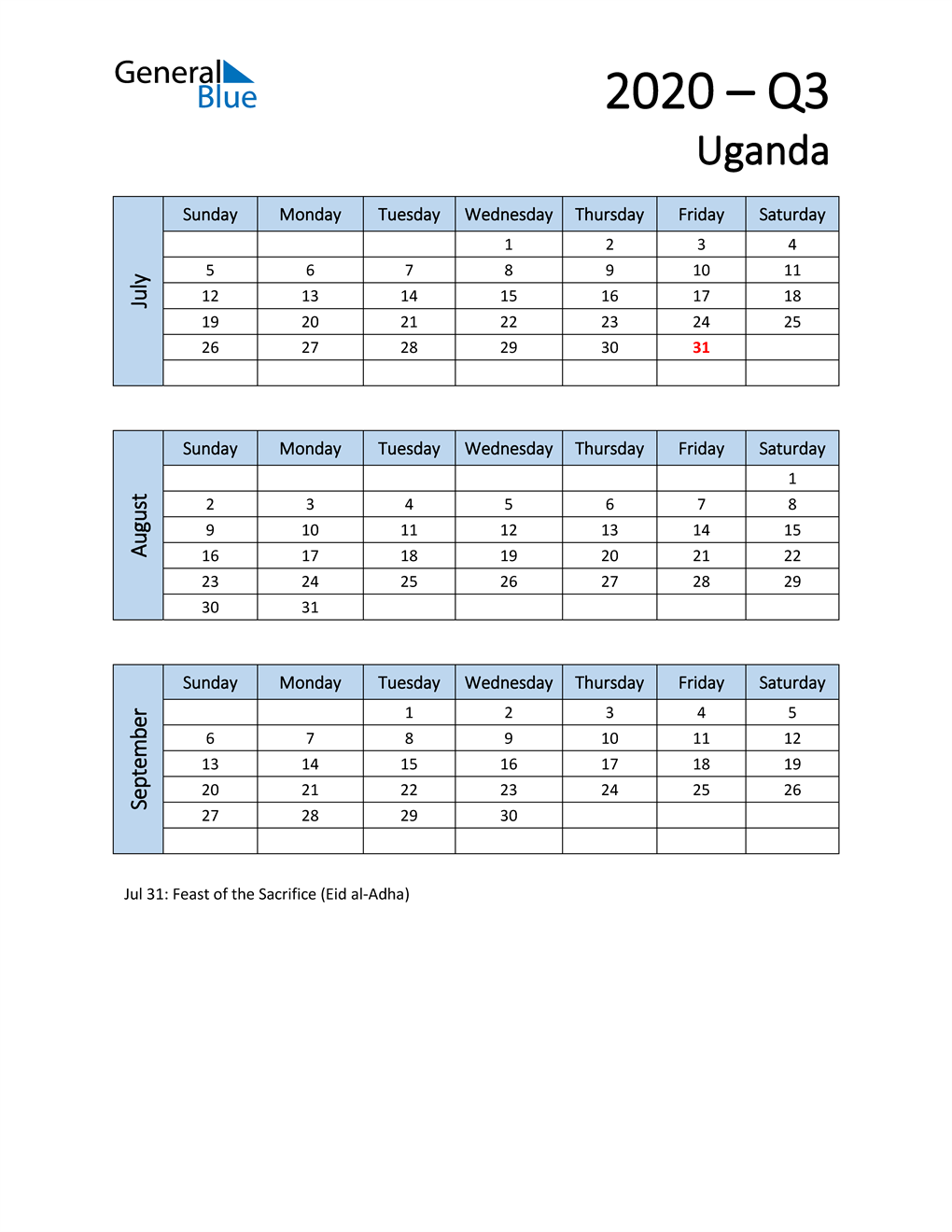  Free Q3 2020 Calendar for Uganda